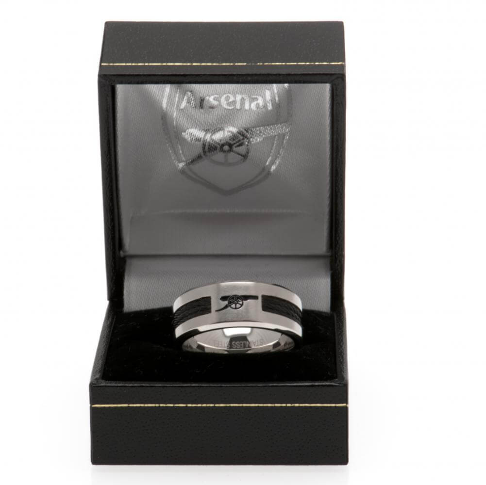 Arsenal FC Black Inlay Ring Small LKT Sport Stainless steel ring featuring a black rope insertBrushed satin finish and engraved with the Arsenal cannonOfficial licensed productInternal diameter approx 19mmRing size R Rings