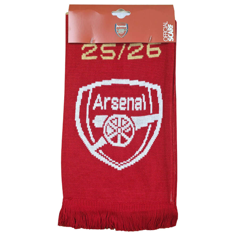 Arsenal FC Champions Scarf LKT Sport Red and white jacquard knit scarf with white fringeWith Champions 25/26Both sides feature a large Arsenal club crest at each endOfficial licensed productApprox 132cm x 19cm Scarves