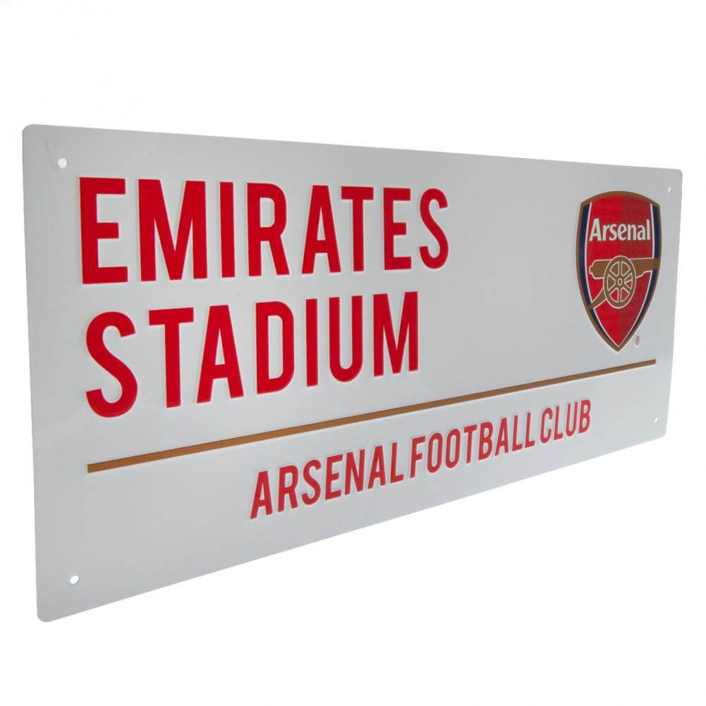 Arsenal FC Colour Crest Street Sign LKT Sport Gloss finish design stamped metal wall signEmirates Stadium road sign, the home of Arsenal FC on a white backgroundReady to hang on the wall with four small holes for fixingOfficial licensed productApprox 40cm
