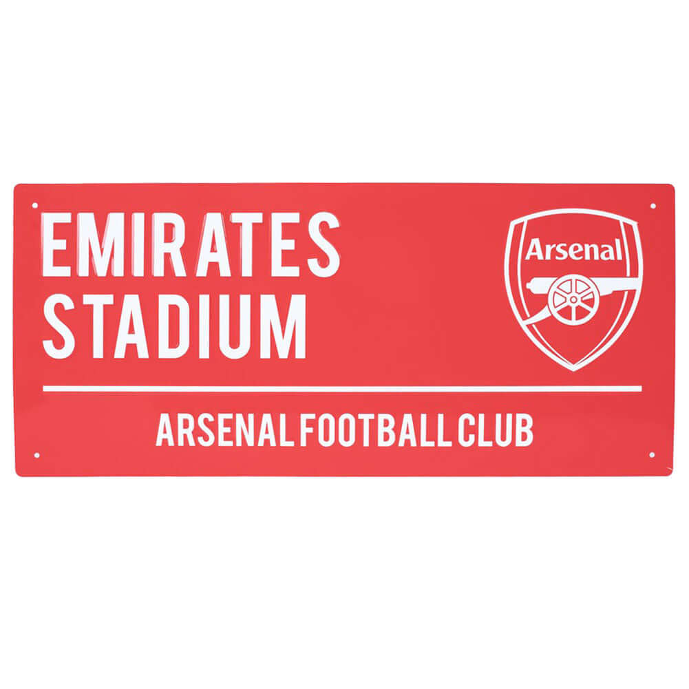 Arsenal FC Colour Street Sign LKT Sport Gloss finish design stamped metal wall signEmirates Stadium road sign, the home of Arsenal FC on a red backgroundReady to hang on the wall with four small holes for fixingOfficial licensed productApprox 40cm x 18cm