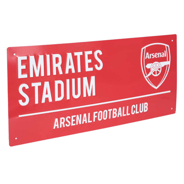 Arsenal FC Colour Street Sign LKT Sport Gloss finish design stamped metal wall signEmirates Stadium road sign, the home of Arsenal FC on a red backgroundReady to hang on the wall with four small holes for fixingOfficial licensed productApprox 40cm x 18cm