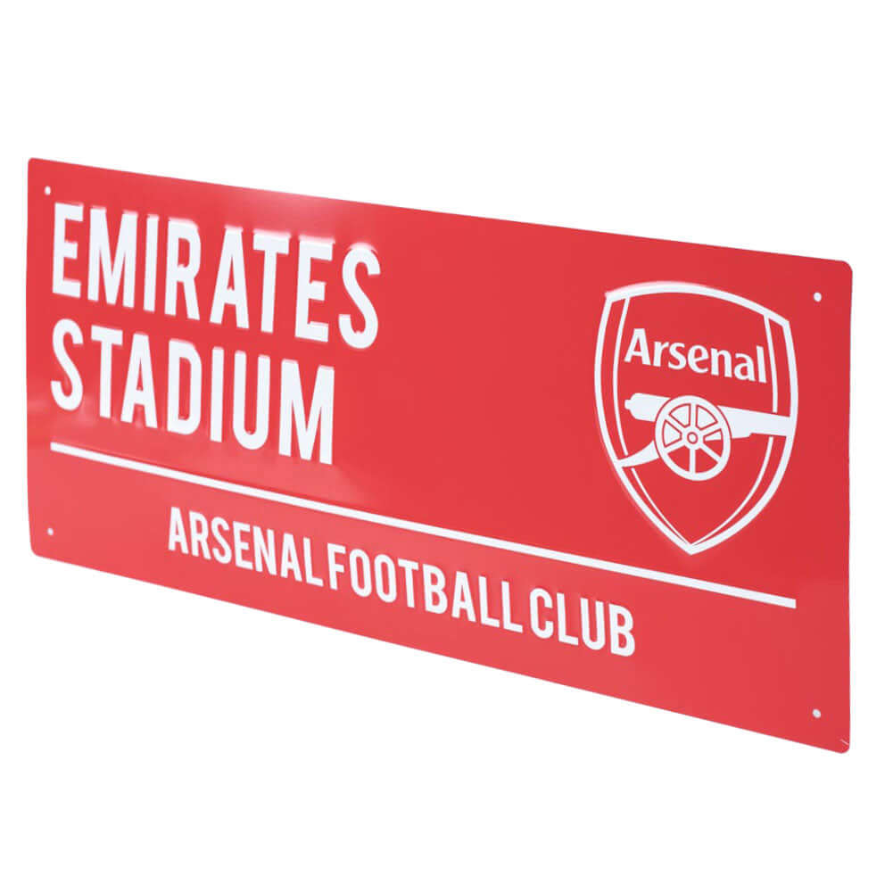 Arsenal FC Colour Street Sign LKT Sport Gloss finish design stamped metal wall signEmirates Stadium road sign, the home of Arsenal FC on a red backgroundReady to hang on the wall with four small holes for fixingOfficial licensed productApprox 40cm x 18cm