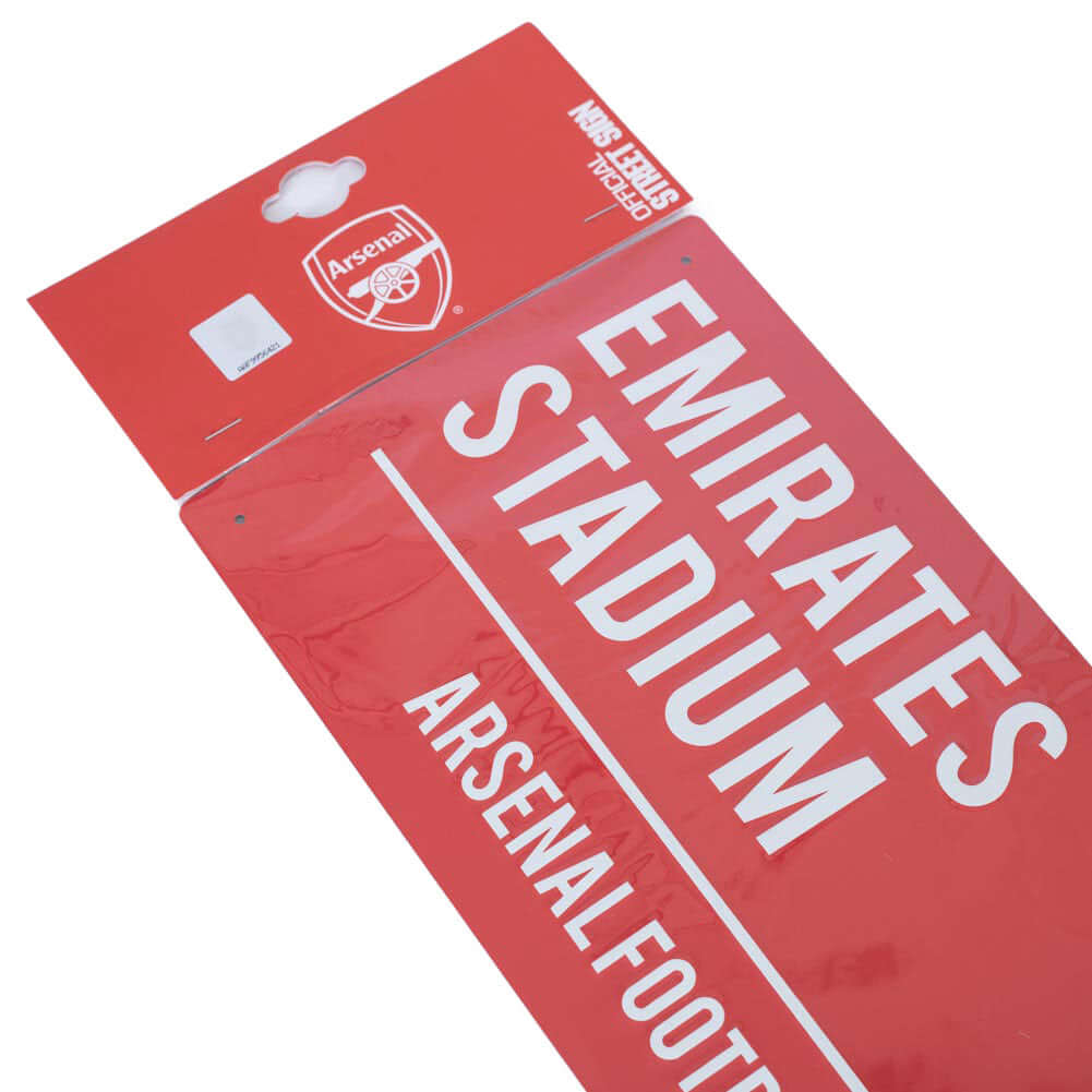 Arsenal FC Colour Street Sign LKT Sport Gloss finish design stamped metal wall signEmirates Stadium road sign, the home of Arsenal FC on a red backgroundReady to hang on the wall with four small holes for fixingOfficial licensed productApprox 40cm x 18cm