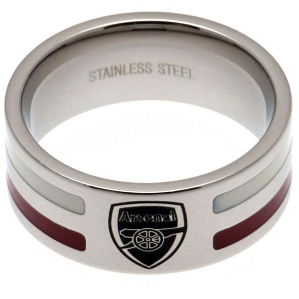 Arsenal FC Colour Stripe Ring Large LKT Sport Stainless steel ring featuring red and white colour insertsChrome finish and engraved with the Arsenal crestOfficial licensed productInternal diameter approx 21mmRing size X Rings