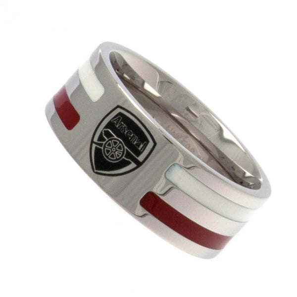 Arsenal FC Colour Stripe Ring Large LKT Sport Stainless steel ring featuring red and white colour insertsChrome finish and engraved with the Arsenal crestOfficial licensed productInternal diameter approx 21mmRing size X Rings