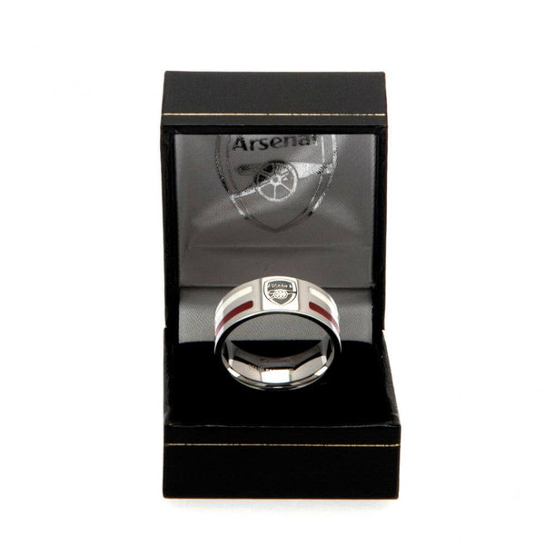 Arsenal FC Colour Stripe Ring Medium LKT Sport Stainless steel ring featuring red and white colour insertsChrome finish and engraved with the Arsenal crestOfficial licensed productInternal diameter approx 20mmRing size U Rings