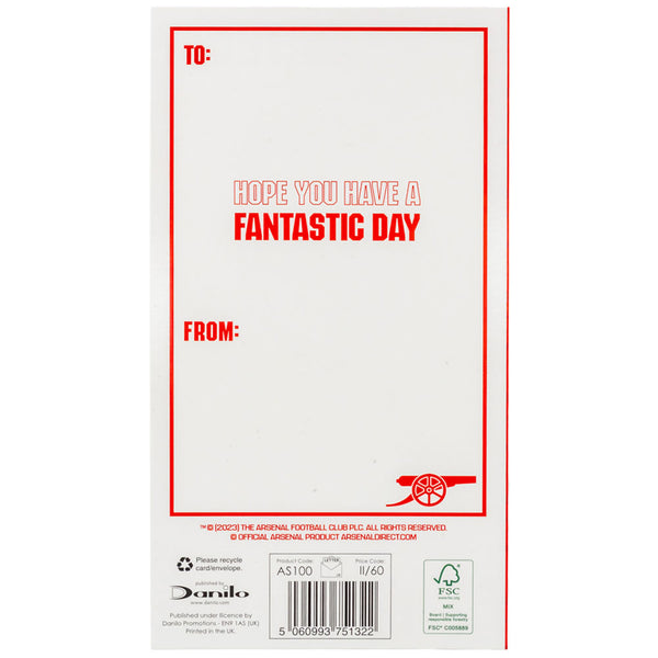Arsenal FC Crest Birthday Card LKT Sport Colourful gloss finish fold out birthday cardFeaturing a full colour Arsenal FC crest with 'Happy Birthday' across the topGraphic inside includes a repeat pattern of the Arsenal crestMessage on the reverse reads 'H