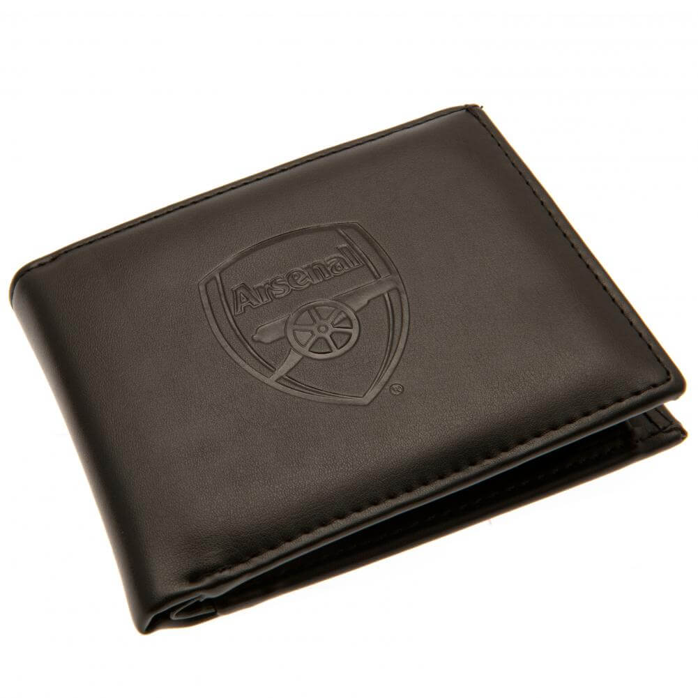 Arsenal FC Debossed Wallet LKT Sport Black PU wallet featuring a large debossed club crest3 card slots and 2 note pocketsChange pocket with secure stud fastener1 additional compartmentOfficial licensed productApprox 11cm x 9cm Wallets
