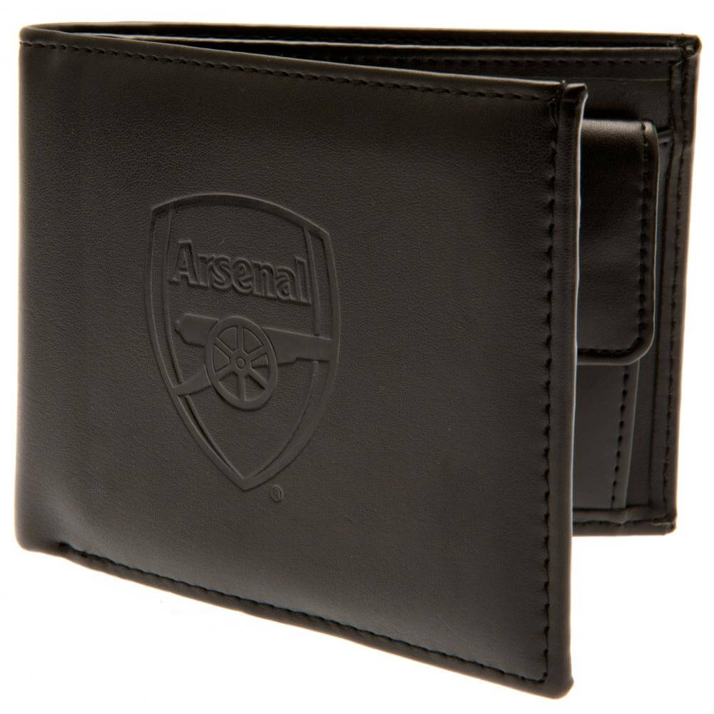 Arsenal FC Debossed Wallet LKT Sport Black PU wallet featuring a large debossed club crest3 card slots and 2 note pocketsChange pocket with secure stud fastener1 additional compartmentOfficial licensed productApprox 11cm x 9cm Wallets