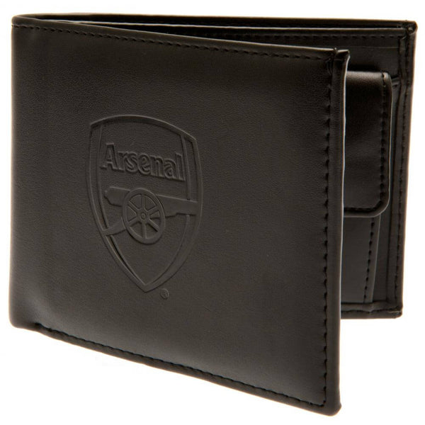 Arsenal FC Debossed Wallet LKT Sport Black PU wallet featuring a large debossed club crest3 card slots and 2 note pocketsChange pocket with secure stud fastener1 additional compartmentOfficial licensed productApprox 11cm x 9cm Wallets