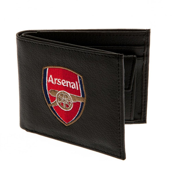 Arsenal FC Embroidered Wallet LKT Sport Black PU wallet featuring a large embroidered club crest 3 card slots, a window slot and 2 note pockets Change pocket with secure stud fastener 2 additional compartments Official licensed product Approx 11cm x 9cm O