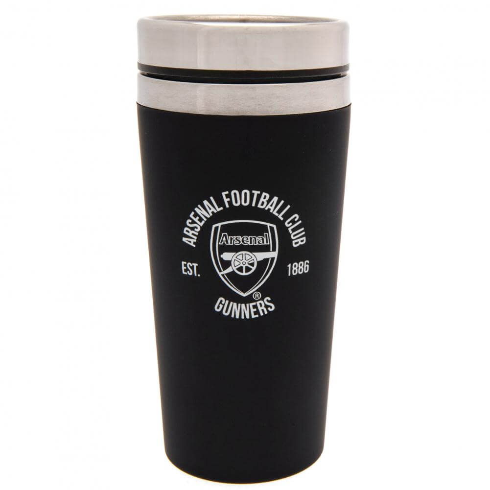 Arsenal FC Executive Travel Mug LKT Sport Stainless steel double-walled thermal travel mugMaintains the temperature of your drink for longerExecutive design finished with a matt black soft feelSilver rim screw top lid with slide close drinking holeOfficia