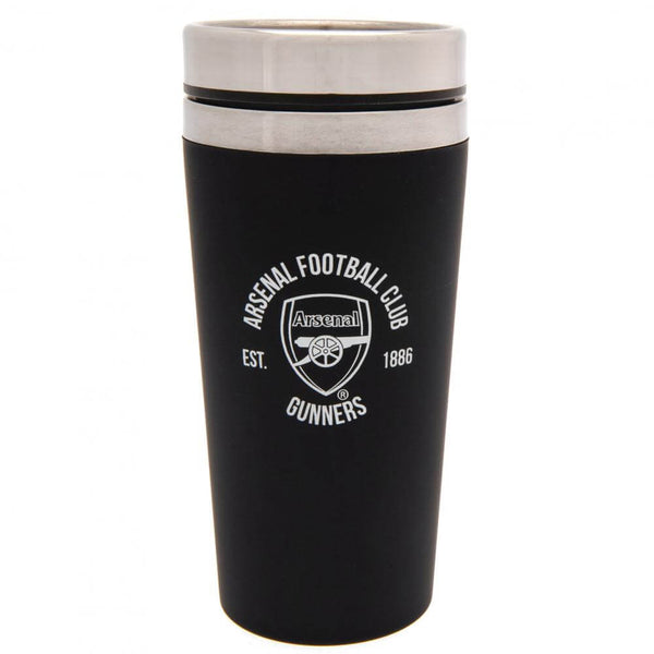 Arsenal FC Executive Travel Mug LKT Sport Stainless steel double-walled thermal travel mugMaintains the temperature of your drink for longerExecutive design finished with a matt black soft feelSilver rim screw top lid with slide close drinking holeOfficia