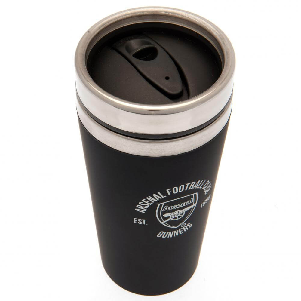 Arsenal FC Executive Travel Mug LKT Sport Stainless steel double-walled thermal travel mugMaintains the temperature of your drink for longerExecutive design finished with a matt black soft feelSilver rim screw top lid with slide close drinking holeOfficia