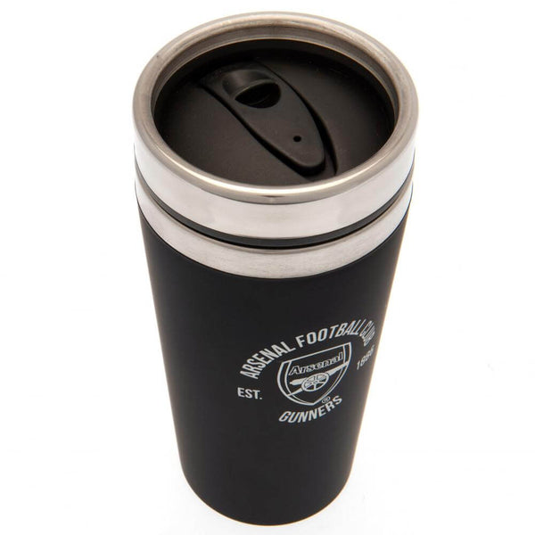 Arsenal FC Executive Travel Mug LKT Sport Stainless steel double-walled thermal travel mugMaintains the temperature of your drink for longerExecutive design finished with a matt black soft feelSilver rim screw top lid with slide close drinking holeOfficia