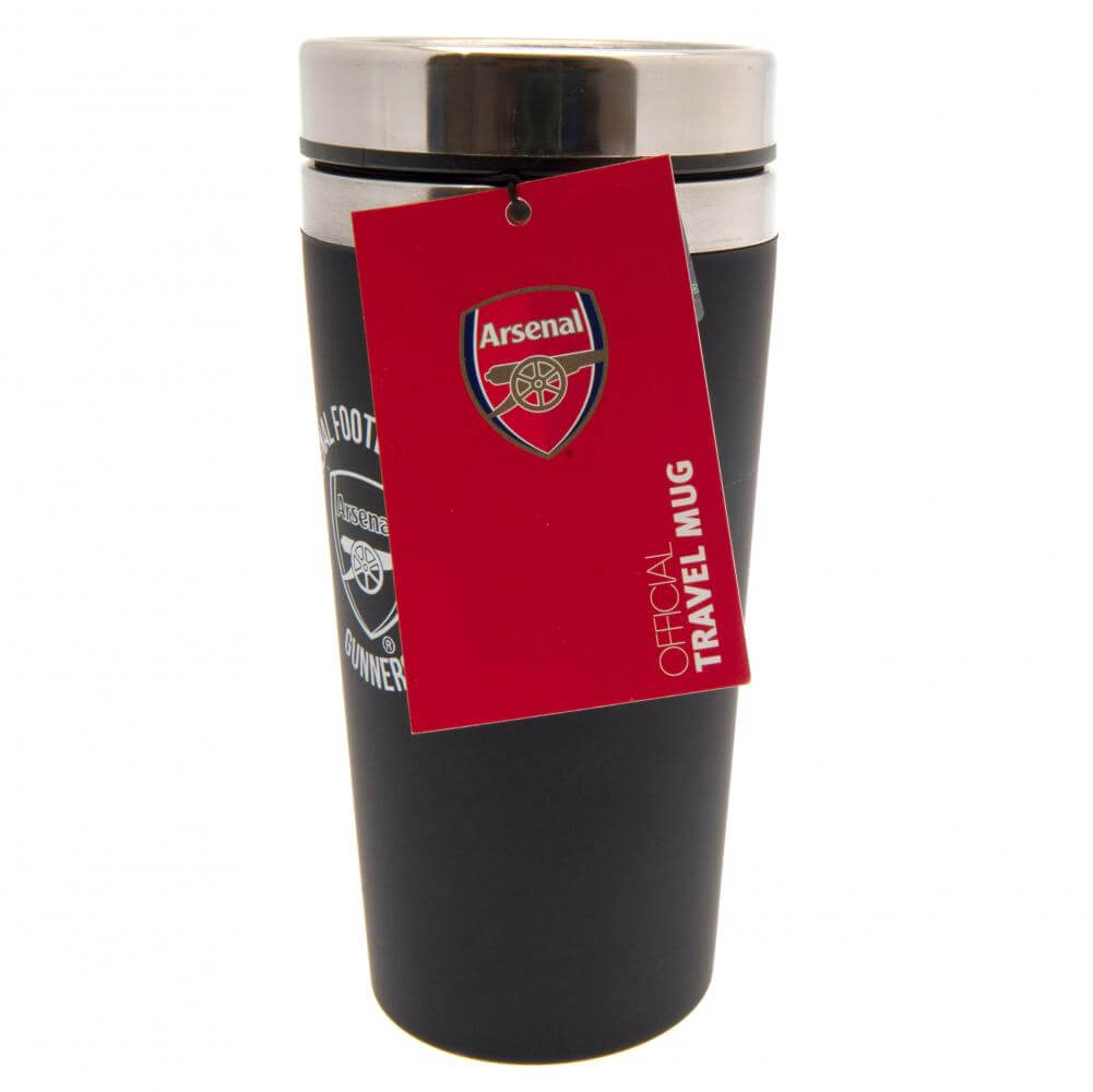 Arsenal FC Executive Travel Mug LKT Sport Stainless steel double-walled thermal travel mugMaintains the temperature of your drink for longerExecutive design finished with a matt black soft feelSilver rim screw top lid with slide close drinking holeOfficia