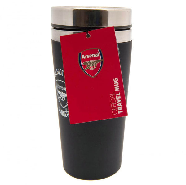 Arsenal FC Executive Travel Mug LKT Sport Stainless steel double-walled thermal travel mugMaintains the temperature of your drink for longerExecutive design finished with a matt black soft feelSilver rim screw top lid with slide close drinking holeOfficia