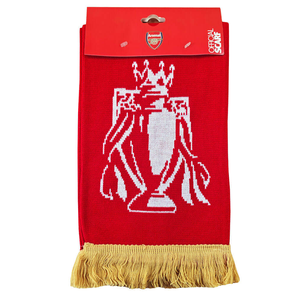 Arsenal FC Gold Premier League Champions Scarf LKT Sport Red and white jacquard knit scarf with gold fringeWith Champions 25/26 text in white and goldBoth sides feature a large Arsenal club crest and Premier League trophy at each endOfficial licensed prod
