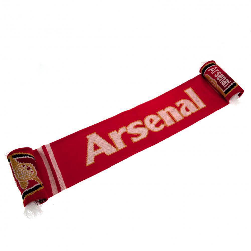 Arsenal FC Gunners Scarf LKT Sport Red jacquard knit scarf with white stripe detail and red fringeArsenal text in white and gold and Gunners on the reverseBoth sides feature a large Arsenal club crest at each endOfficial licensed productApprox 132cm x 19c