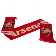 Arsenal FC Gunners Scarf LKT Sport Red jacquard knit scarf with white stripe detail and red fringeArsenal text in white and gold and Gunners on the reverseBoth sides feature a large Arsenal club crest at each endOfficial licensed productApprox 132cm x 19c