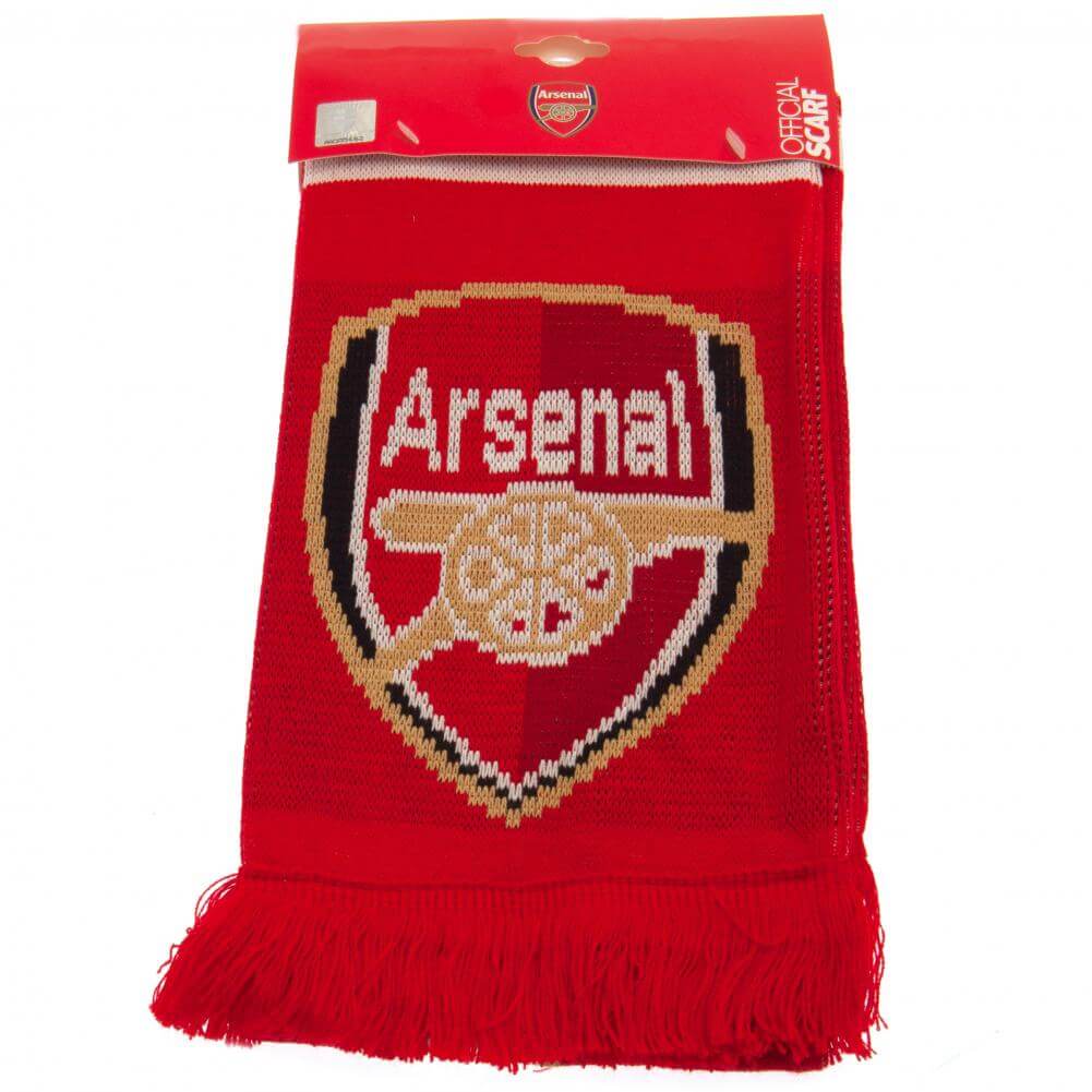 Arsenal FC Gunners Scarf LKT Sport Red jacquard knit scarf with white stripe detail and red fringeArsenal text in white and gold and Gunners on the reverseBoth sides feature a large Arsenal club crest at each endOfficial licensed productApprox 132cm x 19c