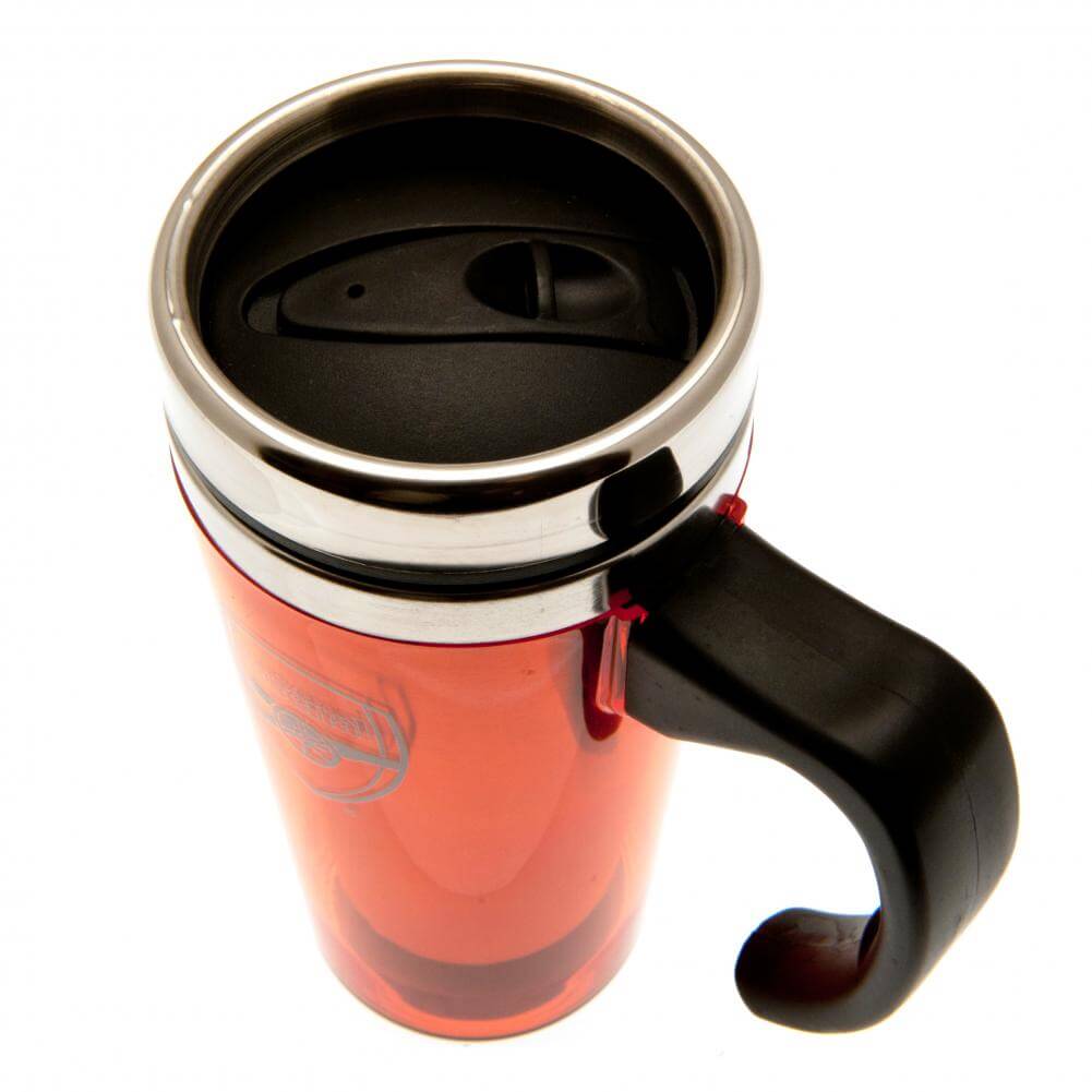 Arsenal FC Handled Travel Mug LKT Sport Stainless steel double-walled thermal travel mugMaintains the temperature of your drink for longerRed translucent finish with a printed Arsenal crestScrew top lid with slide closing drinking holeFeatures an ergonomi