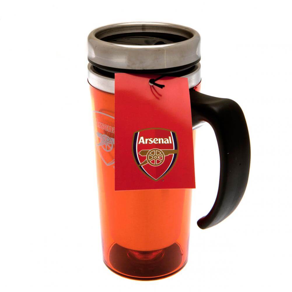 Arsenal FC Handled Travel Mug LKT Sport Stainless steel double-walled thermal travel mugMaintains the temperature of your drink for longerRed translucent finish with a printed Arsenal crestScrew top lid with slide closing drinking holeFeatures an ergonomi