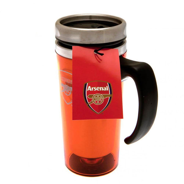 Arsenal FC Handled Travel Mug LKT Sport Stainless steel double-walled thermal travel mugMaintains the temperature of your drink for longerRed translucent finish with a printed Arsenal crestScrew top lid with slide closing drinking holeFeatures an ergonomi