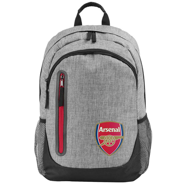 Arsenal FC Heather Grey Backpack LKT Sport Stylish heather grey backpack featuring full colour Arsenal crest and contrast zipped pocket to frontPadded back panel for comfort with adjustable shoulder straps and a carry strapMain compartment has a double zi