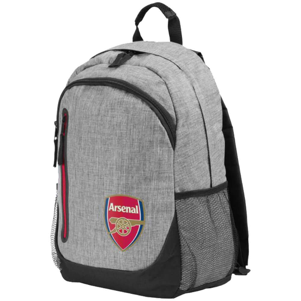 Arsenal FC Heather Grey Backpack LKT Sport Stylish heather grey backpack featuring full colour Arsenal crest and contrast zipped pocket to frontPadded back panel for comfort with adjustable shoulder straps and a carry strapMain compartment has a double zi