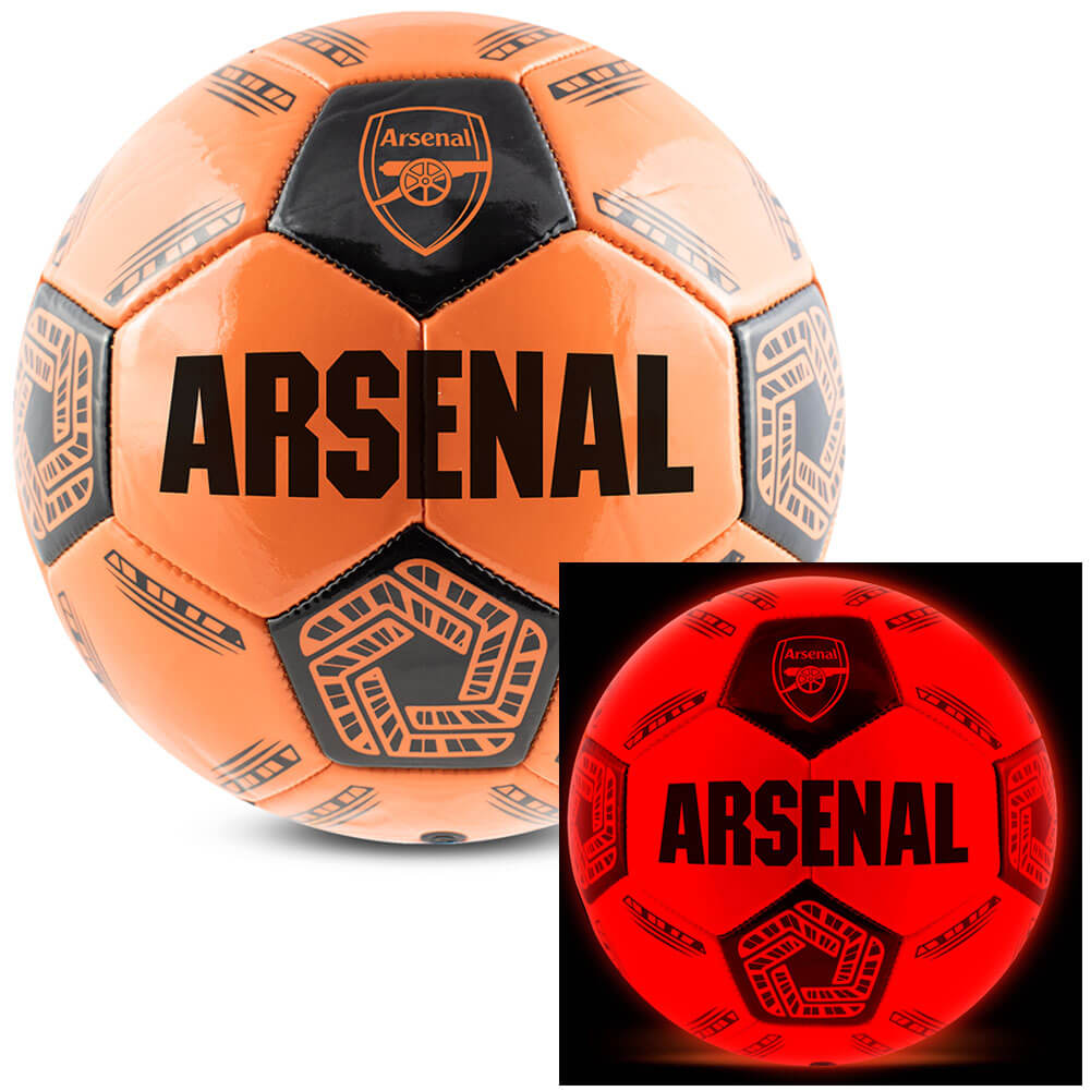 Arsenal FC LED Glow Football LKT Sport Orange LED glow 32 panel footballFeaturing a black crest and Arsenal text30 hours of continuous light up fun!Bounce activated with auto turn offBatteries included, fill 7.5-8.5 PSI for optimal bounceSuitable for 14 y