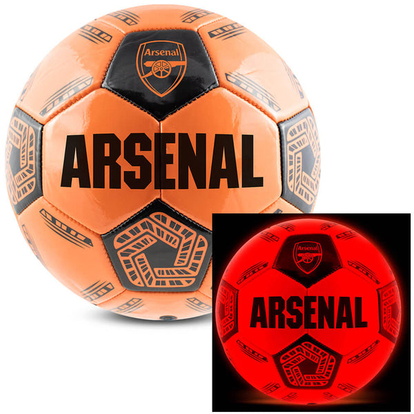 Arsenal FC LED Glow Football LKT Sport Orange LED glow 32 panel footballFeaturing a black crest and Arsenal text30 hours of continuous light up fun!Bounce activated with auto turn offBatteries included, fill 7.5-8.5 PSI for optimal bounceSuitable for 14 y