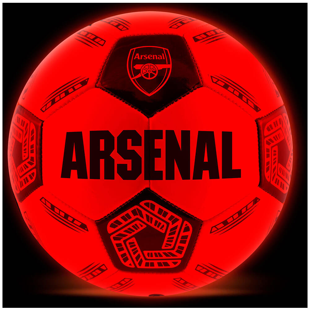 Arsenal FC LED Glow Football LKT Sport Orange LED glow 32 panel footballFeaturing a black crest and Arsenal text30 hours of continuous light up fun!Bounce activated with auto turn offBatteries included, fill 7.5-8.5 PSI for optimal bounceSuitable for 14 y