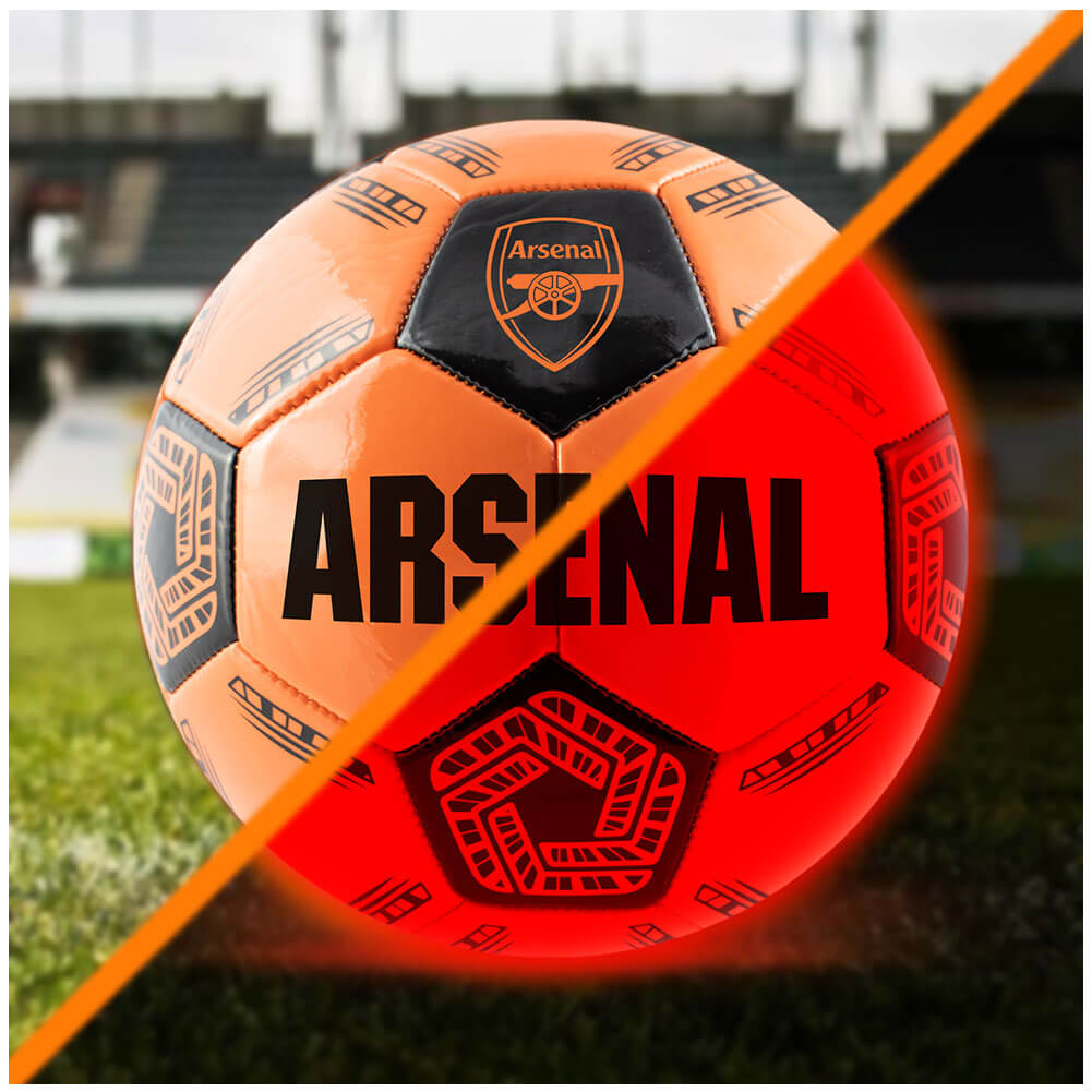 Arsenal FC LED Glow Football LKT Sport Orange LED glow 32 panel footballFeaturing a black crest and Arsenal text30 hours of continuous light up fun!Bounce activated with auto turn offBatteries included, fill 7.5-8.5 PSI for optimal bounceSuitable for 14 y