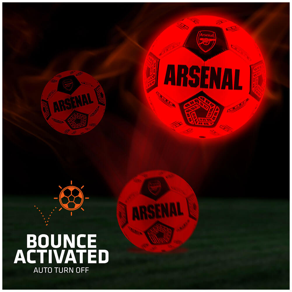 Arsenal FC LED Glow Football LKT Sport Orange LED glow 32 panel footballFeaturing a black crest and Arsenal text30 hours of continuous light up fun!Bounce activated with auto turn offBatteries included, fill 7.5-8.5 PSI for optimal bounceSuitable for 14 y