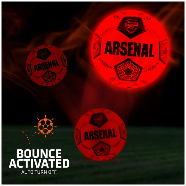 Arsenal FC LED Glow Football LKT Sport Orange LED glow 32 panel footballFeaturing a black crest and Arsenal text30 hours of continuous light up fun!Bounce activated with auto turn offBatteries included, fill 7.5-8.5 PSI for optimal bounceSuitable for 14 y