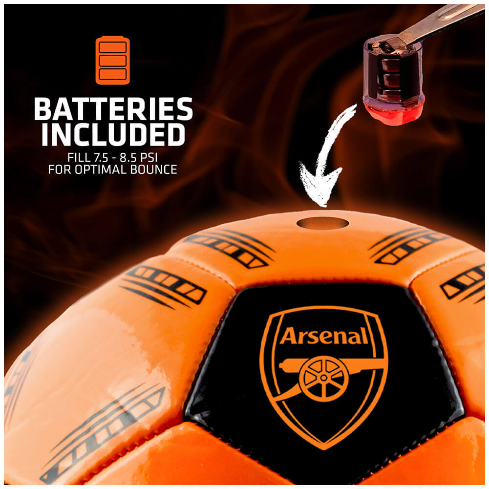 Arsenal FC LED Glow Football LKT Sport Orange LED glow 32 panel footballFeaturing a black crest and Arsenal text30 hours of continuous light up fun!Bounce activated with auto turn offBatteries included, fill 7.5-8.5 PSI for optimal bounceSuitable for 14 y