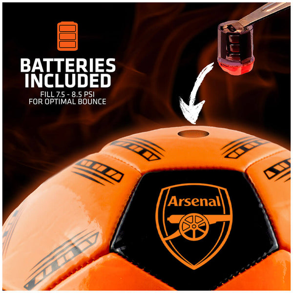 Arsenal FC LED Glow Football LKT Sport Orange LED glow 32 panel footballFeaturing a black crest and Arsenal text30 hours of continuous light up fun!Bounce activated with auto turn offBatteries included, fill 7.5-8.5 PSI for optimal bounceSuitable for 14 y