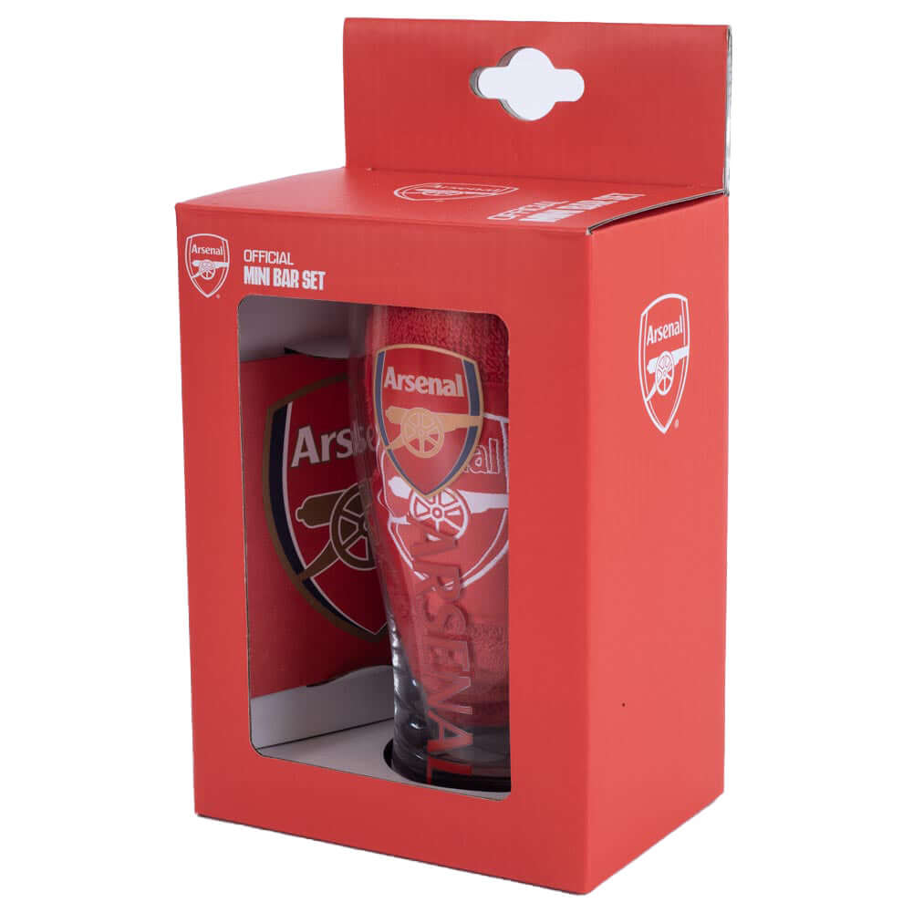 Arsenal FC Mini Bar Set LKT Sport Mini bar set with tulip style pint glass featuring red Arsenal text and full colour club crestIncludes red bar towel with white club crest detailSet of 4 beer mats with full colour club crestOfficial licensed productBar t