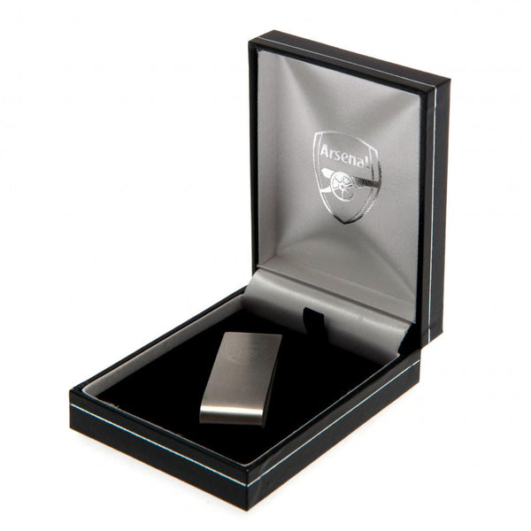 Arsenal FC Money Clip LKT Sport Stainless steel money clip in a brushed satin finish Engraved with the Arsenal crest Ideal for clipping together cash or cards Official licensed product Approx 5cm x 2cm Presented in a gift box Money Clips