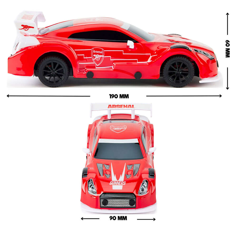 Arsenal FC Radio Control Sportscar 1:24 Scale LKT Sport Sleek and streamlined sportscar with iconic style brandingComplete with Arsenal FC crests on the roof and doorsIncludes an oversized spoiler on the rear for stability and speedWorking spring suspensi