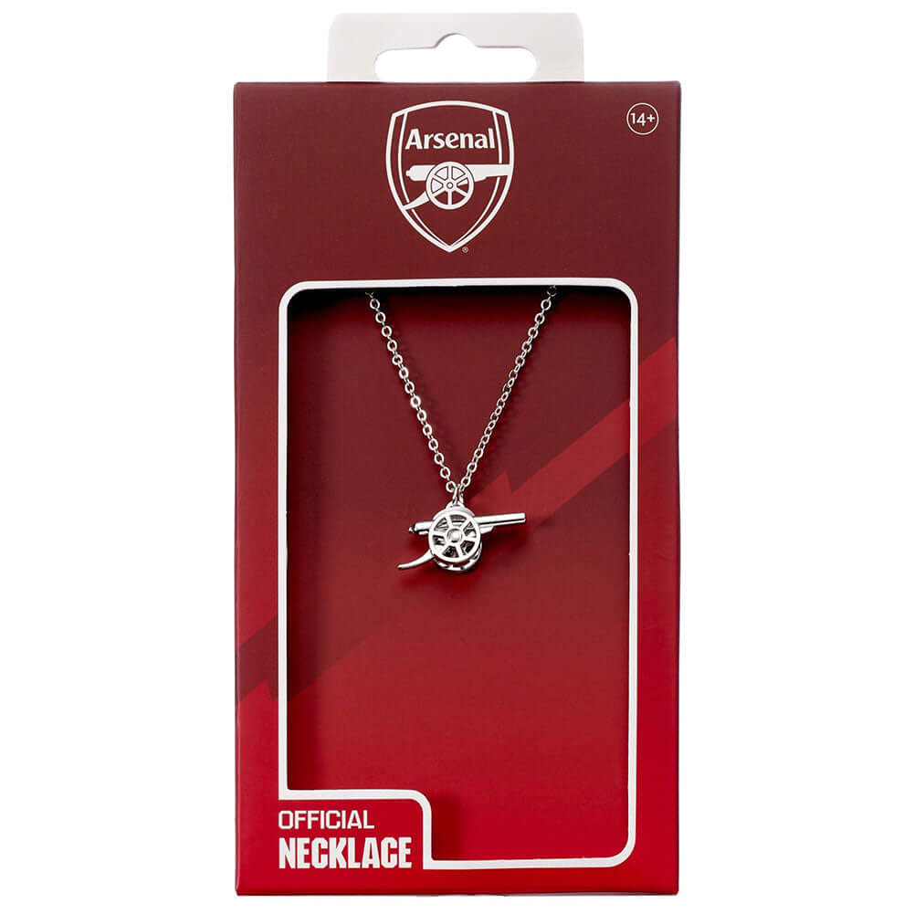Arsenal FC Silver Finish Cannon Necklace LKT Sport Hypo-allergenic silver finish necklaceFeaturing a 3D Arsenal Cannon pendantSuitable for ages 14+Official licensed productNecklace approx 40cm (15.5 inches) with 5cm extenderPendant approx 25mm x 10mm x 8m