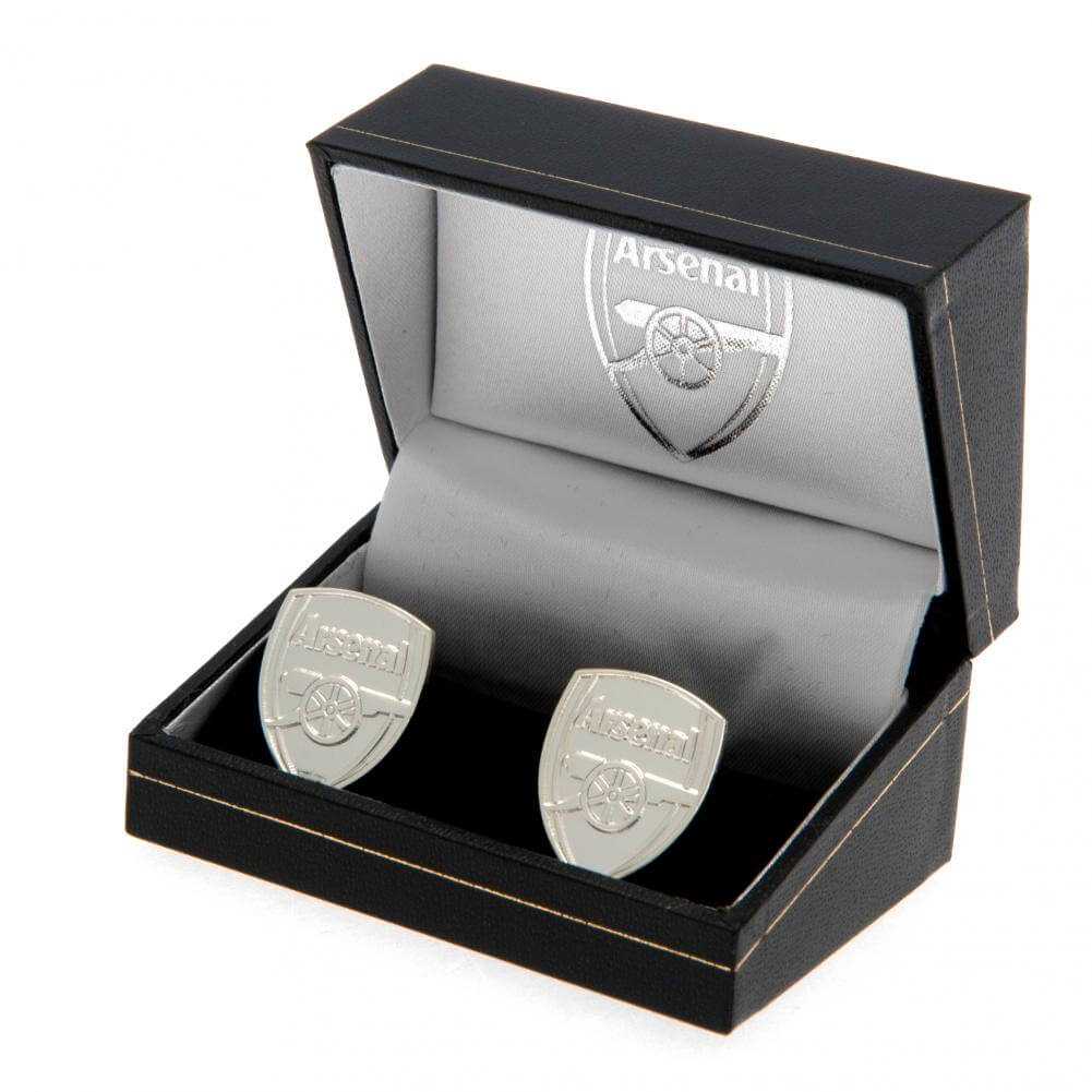 Arsenal FC Silver Plated Formed Cufflinks LKT Sport Silver plated crest shaped cufflinks in a chrome finishFeaturing a highly detailed formed Arsenal crestOn a bullet back fixingOfficial licensed productApprox 22mm x 18mm Cufflinks