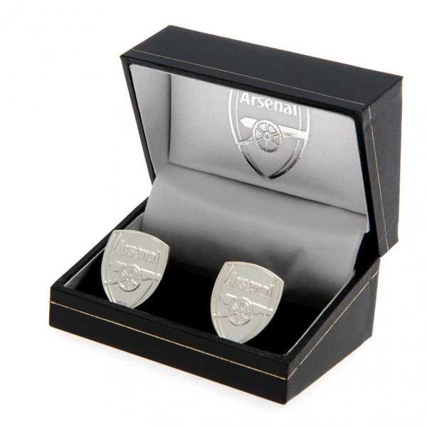 Arsenal FC Silver Plated Formed Cufflinks LKT Sport Silver plated crest shaped cufflinks in a chrome finishFeaturing a highly detailed formed Arsenal crestOn a bullet back fixingOfficial licensed productApprox 22mm x 18mm Cufflinks