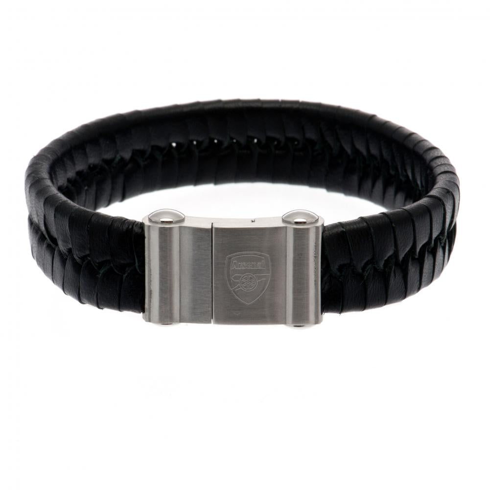 Arsenal FC Single Plait Leather Bracelet LKT Sport Single plait design bracelet made from genuine leather Black bracelet with a stainless steel magnetic clasp featuring and engraved club crest Official licensed product Approx 21cm x 1cm Presented in a gif
