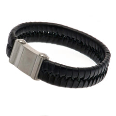 Arsenal FC Single Plait Leather Bracelet LKT Sport Single plait design bracelet made from genuine leather Black bracelet with a stainless steel magnetic clasp featuring and engraved club crest Official licensed product Approx 21cm x 1cm Presented in a gif