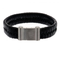 Arsenal FC Single Plait Leather Bracelet LKT Sport Single plait design bracelet made from genuine leather Black bracelet with a stainless steel magnetic clasp featuring and engraved club crest Official licensed product Approx 21cm x 1cm Presented in a gif