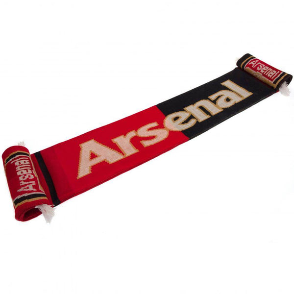 Arsenal FC Split Scarf LKT Sport Navy blue and red split jacquard knit scarf with a white fringeArsenal text in white and gold and repeated on the reverseBoth sides feature a large Arsenal club crest at each endOfficial licensed productApprox 132cm x 19cm