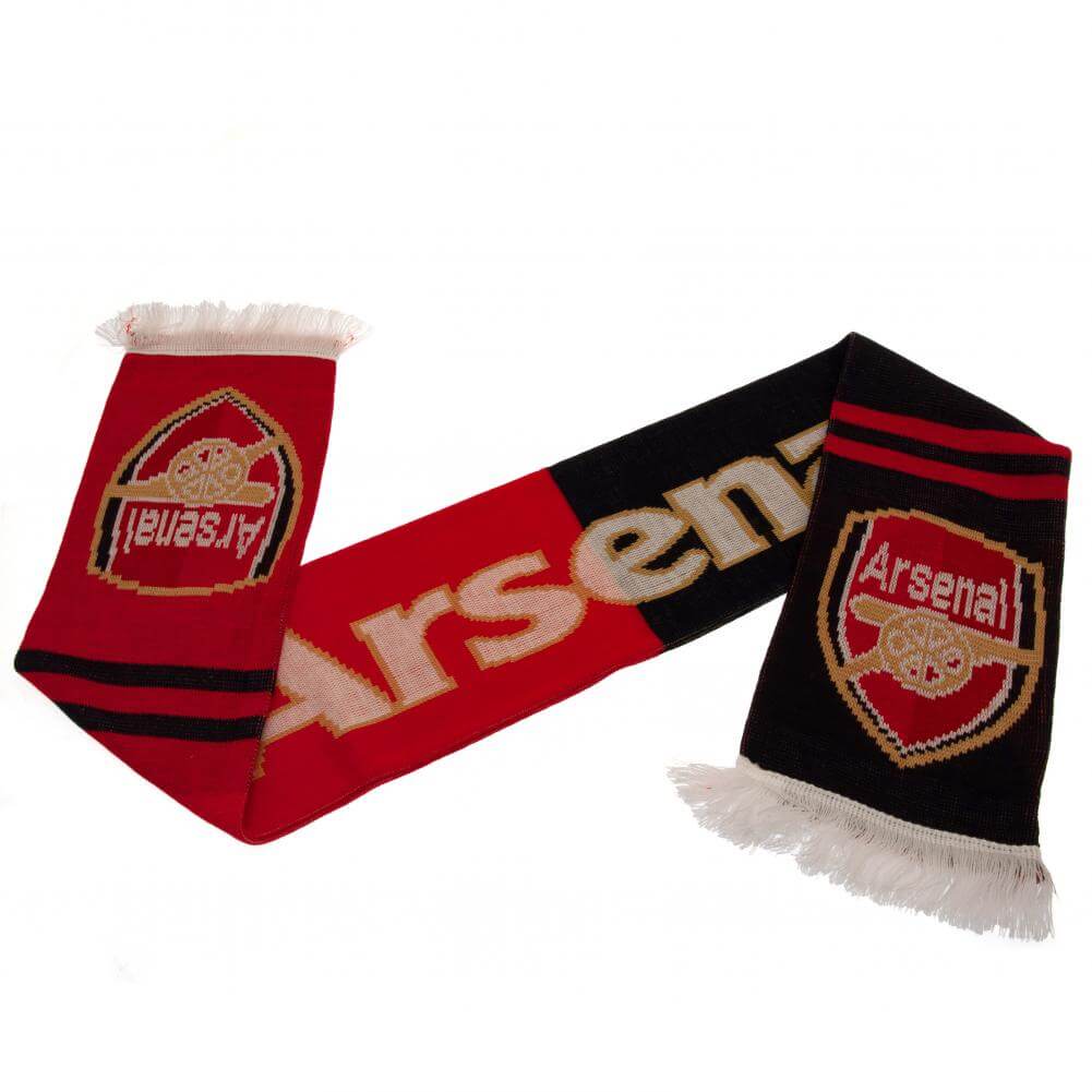 Arsenal FC Split Scarf LKT Sport Navy blue and red split jacquard knit scarf with a white fringeArsenal text in white and gold and repeated on the reverseBoth sides feature a large Arsenal club crest at each endOfficial licensed productApprox 132cm x 19cm