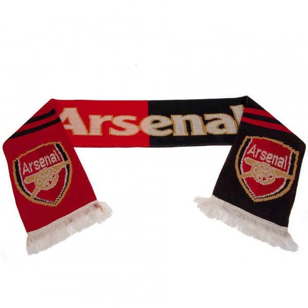 Arsenal FC Split Scarf LKT Sport Navy blue and red split jacquard knit scarf with a white fringeArsenal text in white and gold and repeated on the reverseBoth sides feature a large Arsenal club crest at each endOfficial licensed productApprox 132cm x 19cm